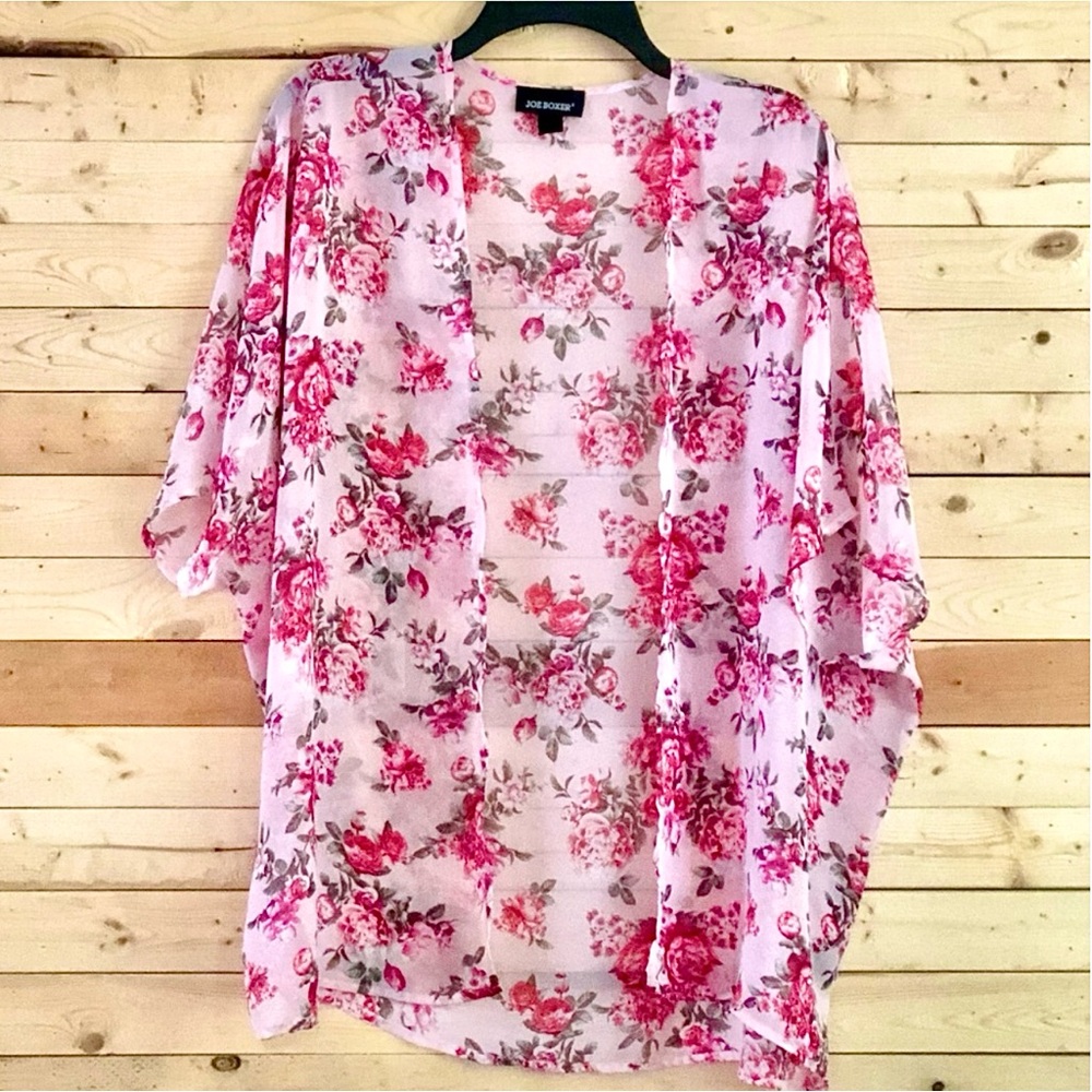 Joe Boxer Pink Floral Print Open Front Lightweight see through cardigan /CoverUp
